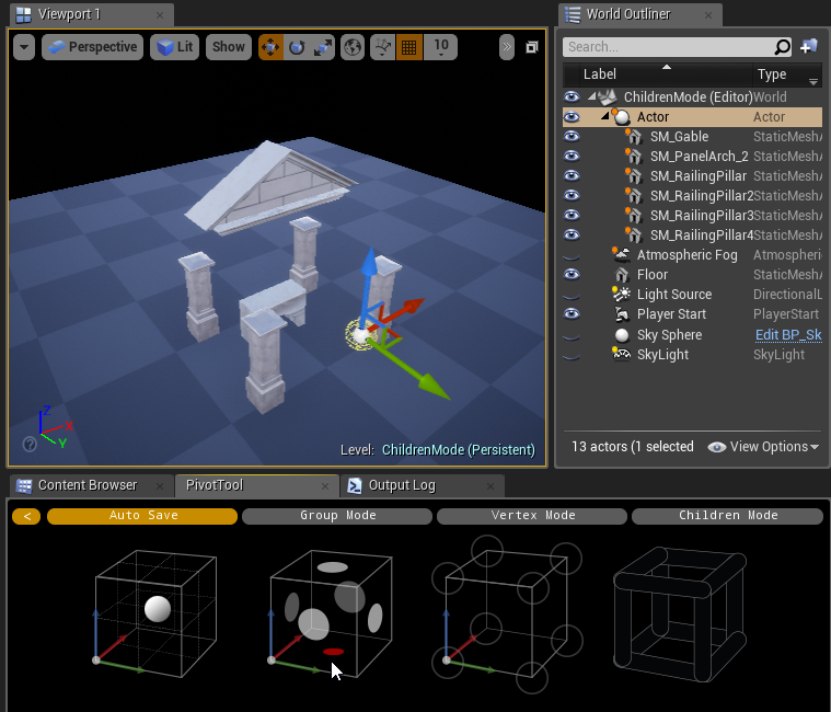 Children Mode off, showing bounds from the selected actor only.