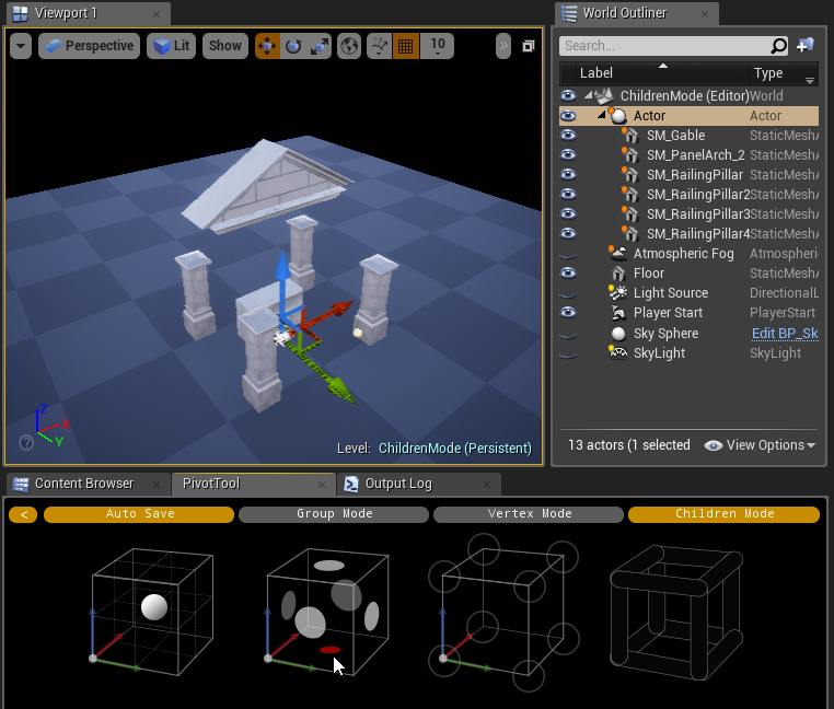 Children Mode on, showing bounds from the selected actor and attached children.