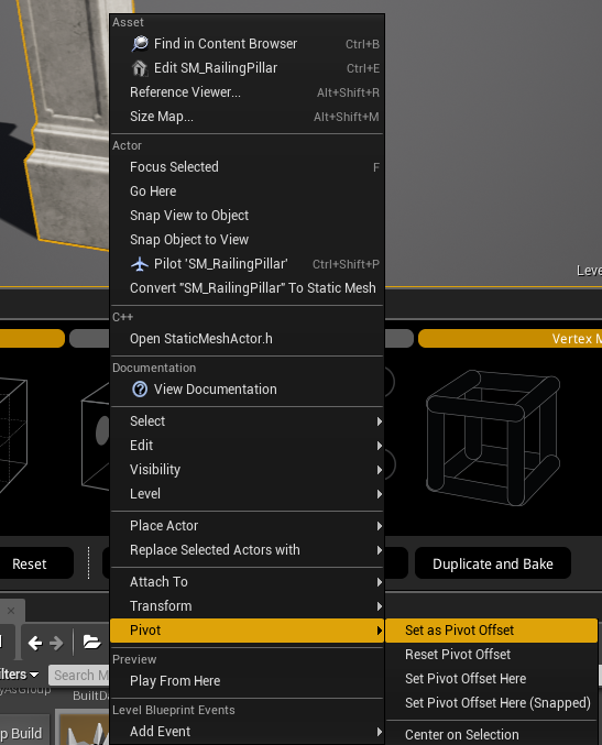An actor context menu showing Pivot and Set as Pivot Offset.