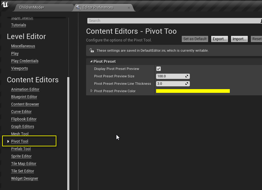 UE4 Editor Preferences with the Pivot Tool preview settings visible.