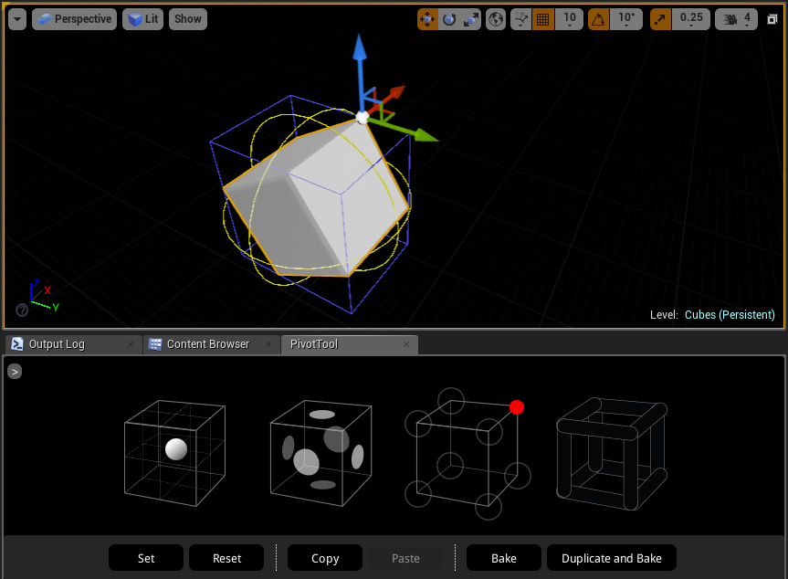 An actor pivot moved to a bounding-box corner.