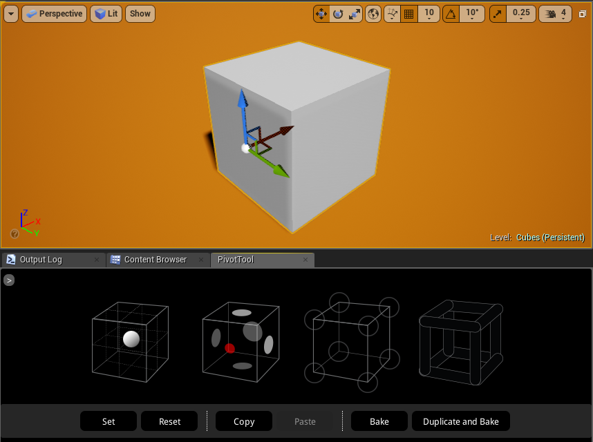 An actor pivot moved to one face center of the bounding box.