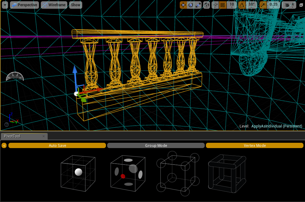 Vertex Mode on, with the pivot snapped to the closest mesh vertex.